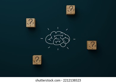 Wooden Blocks With A Question Mark Icon And A Drawn Brain. Concept Of Ingenuity, Finding Answers, Idea. Brain Storming. 3d Render