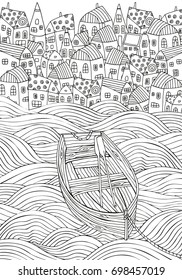 Wooden boat floating on the waves. Seaside, homes, boat, sea, art background. Hand-drawn doodle. Zentangle style. Black and white pattern for adult coloring book.