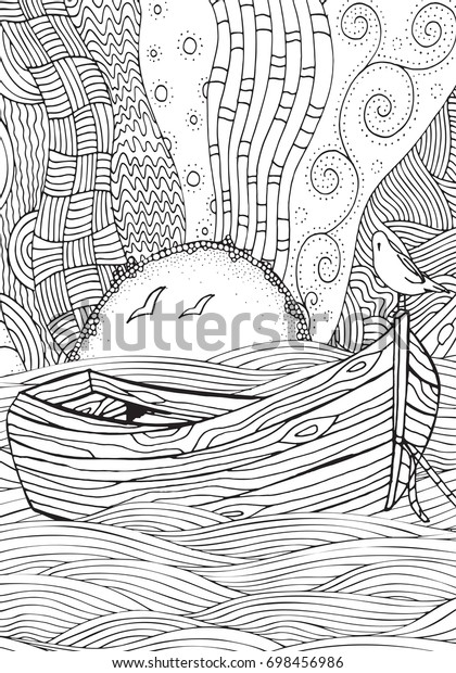 波に浮かぶ木舟 波 ボート 海 アートの背景 手描きの落書き Zentangleスタイル 大人用の塗り絵の柄 白黒 のイラスト素材