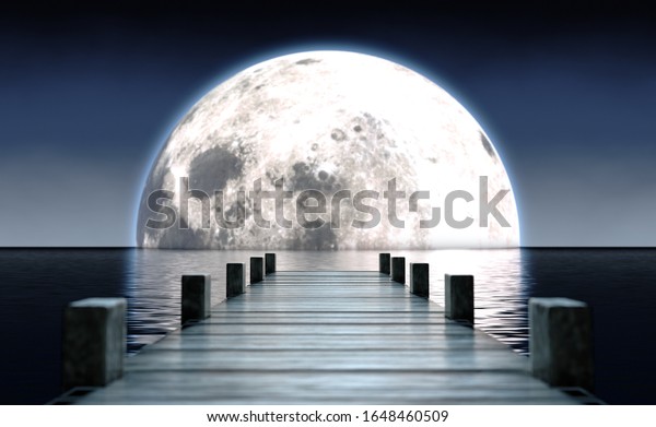 A wooden boat\
jetty jutting out across calm water with a full moon rising on the\
horizon at night - 3D\
render