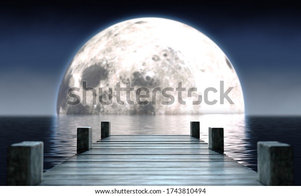 A wooden boat\
jetty jutting out across calm water with a full moon rising on the\
horizon at night - 3D\
render