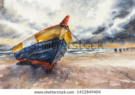 Wooden boat on The Baltic shore Hel Peninsula, Poland. Picture created with watercolors.