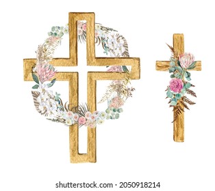 Wooden boho watercolor cross with eucalyptus and tropical flowers on a white background. Set of images for first communion, baptism, easter