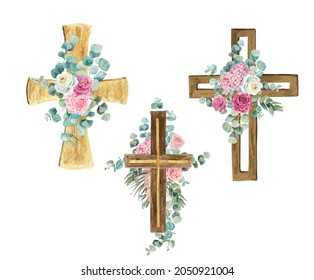 Wooden boho watercolor cross with eucalyptus and tropical flowers on a white background. Set of images for first communion, baptism, easter - Powered by Shutterstock