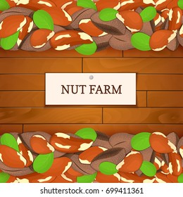 Wooden Box With Braziian Nuts. Illustration. Boards Wood Background, Border With Brazilnut Fruit And Label. For The Design Of Packaging, Food Breakfast.