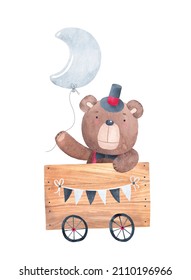 A wooden box on wheels with a cute bear in a hat. Toy train car. Watercolor hand drawn illustration.    Isolated on white.