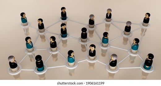 Wooden Business People Figurines Connected To Each Other By White Lines - 3D Render Illustration