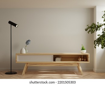 Wooden Cabinet For Tv Interior Wall Mockup.3d Rendering