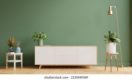 Wooden Cabinet For TV In Modern Empty Green Room.3d Rendering