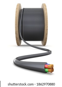 Wooden cable drum with black cable on white background - 3D illustration