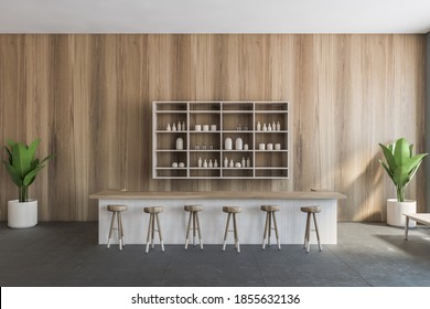 Wooden Cafe Interior With Wooden Bar Chairs, Wooden Wall With Bar Counter. Illustration Of Wooden Cafe With Plants, Dining Room 3D Rendering, No People