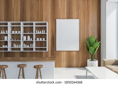 Wooden Cafe Interior With Mockup Canvas On Wooden Wall, Bar Chairs At Bar Counter. Illustration Of Wooden Cafe With Plant, Dining Room 3D Rendering, No People