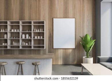 Wooden Cafe Interior With Mockup Canvas On Wooden Wall, Bar Chairs At Bar Counter. Illustration Of Wooden Cafe With Plant, Dining Room 3D Rendering, No People