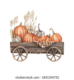 Wooden Cart With Pumpkins And Autumn Herbs Painted In Watercolor. Autumn Illustration, Harvest, Farming, October.