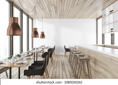 Wooden ceiling restaurant interior with a wooden floor, a row of tables with black chairs along the window and a bar with stools. 3d rendering mockup