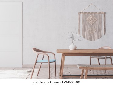 wooden chairs and table on white background, macrame and rattan home accessories , Scandinavian interior design, 3D render, 3D illustration