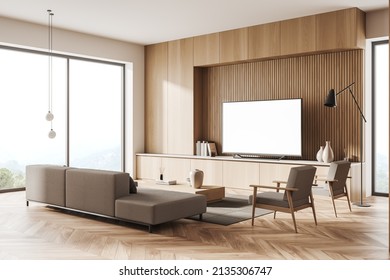 Wooden Chill Zone Interior With Sofa And Armchairs, Modern Cabinet With Tv Set And Shelf, Hardwood Floor, Panoramic Window On Countryside. Mock Up Copy Space Tv Display. 3D Rendering