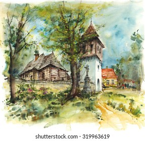 Wooden church and bell tower, watercolor illustration artistic background