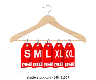 Wooden Clothes Hanger And Dress Tags With Size Sign On A White Background. 3d Rendering. 