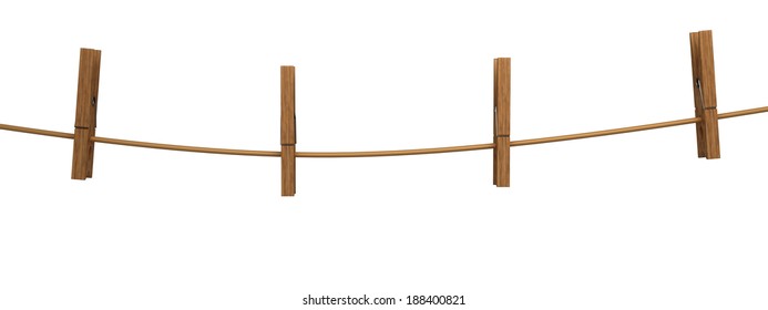 wooden clothespins on a rope. Isolated on white. 3d