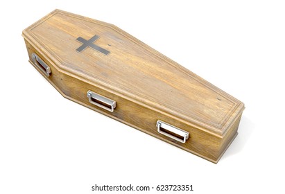 A Wooden Coffin With A Metal Crucifix And Handles On An Isolated White Studio Background - 3D Render