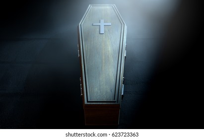 A Wooden Coffin With A Metal Crucifix And Handles Dimly Lit By A Dim Spotlight - 3D Render