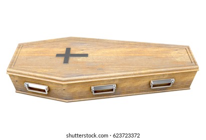 A Wooden Coffin With A Metal Crucifix And Handles On An Isolated White Studio Background - 3D Render