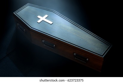 A Wooden Coffin With A Metal Crucifix And Handles Dimly Lit By A Dim Spotlight - 3D Render