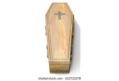 A Wooden Coffin With A Metal Crucifix And Handles On An Isolated White Studio Background - 3D Render