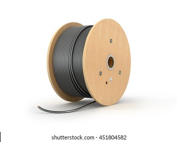 Wooden coil of electric cable isolated white background. 3D illustration.