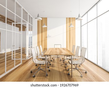 Wooden Conference Room With White Armchairs And Table. Office Minimalist Furniture, Near Window In Business Office, 3D Rendering No People