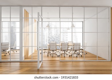 Wooden Conference Room With White Armchairs And Wooden Table. Office Minimalist Interior Behind Glass Doors, Front View, 3D Rendering No People