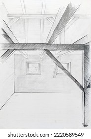 Wooden Construction. Hand Drawn Beams. Perspective. Pencil Drawing. Light From Windows. Empty Room. Sketch.