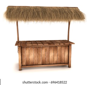 A Wooden Counter Kiosk With Thatched Roof. 3d Image Isolated On White.