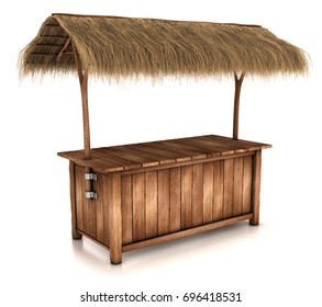 A Wooden Counter Kiosk With Thatched Roof. 3d Image Isolated On White.