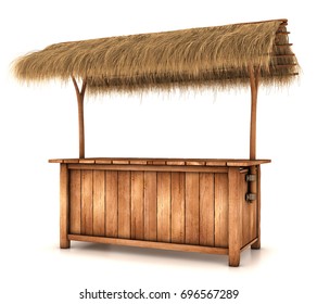 Wooden Counter Kiosk With Thatched Roof. 3d Image Isolated On White.