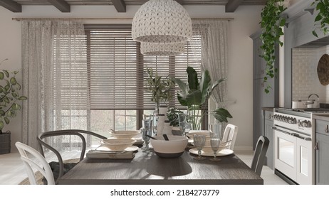 Wooden Country Dining Table Setting In White And Dark Tones. Kitchen, Pendant Lamps And Window. Scandinavian Boho Interior Design, 3d Illustration