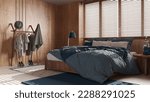 Wooden cozy bedroom in blue and beige tones. Master bed with pillows and duvet, window with venetian blinds, carpets and decors. Minimal interior design, 3d illustration
