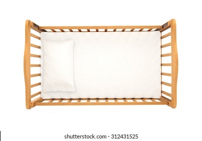 wooden cradle for baby with pillow isolated on white background, top view