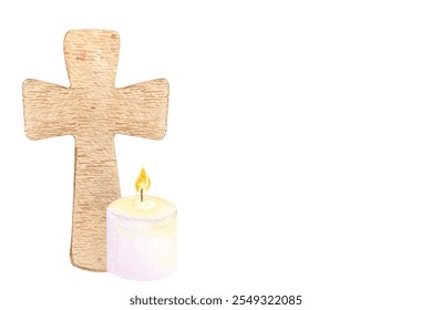 Wooden cross and a candle watercolor horizontal card isolated on white. Textured clip art perfect for banners, invitations, stickers, posters, Easter, Passover, christening, baptism decor and design. - Powered by Shutterstock