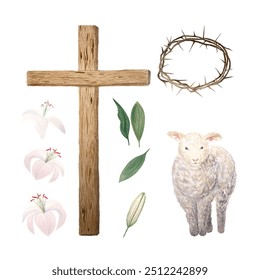 Wooden cross, lamb, crown of thorns, lily watercolor set isolated on white. Illustration perfect for cards, stickers, Easter, Passover, Holy Thursday, christening baptism, wedding church decor design. - Powered by Shutterstock