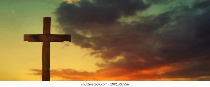 Wooden Cross On A Sunset Background. Wide Panoramic View. Artistic Work