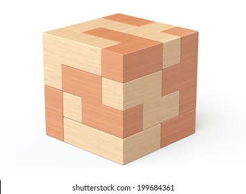 Wooden cube brain teaser game on a white background