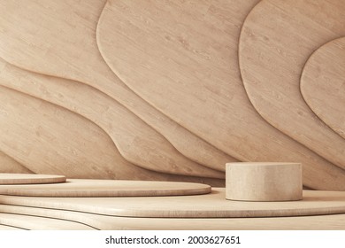 Wooden cylinder platform on curve stacked free form wooden panel background, abstract background for presentation or branding. 3d rendering