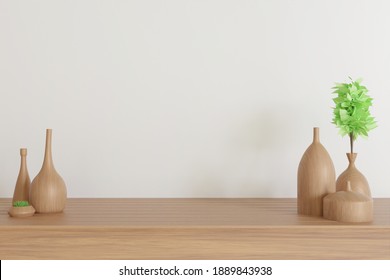 wooden desk close up with wooden art plant vase 3d rendered white background