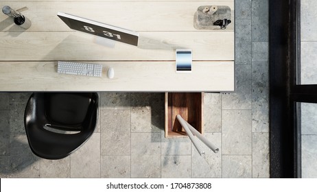 Wooden Desk With Computer And Tablet Top View - 3 D Rendering