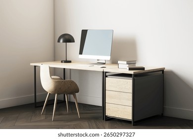 Wooden desk with monitor, books, and lamp in cozy home office interior, light wall background, modern workspace concept. 3D Rendering