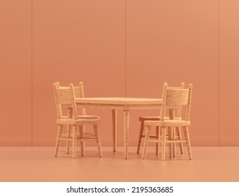 Wooden Dinner Table In Single Color Interior Room, 3d Rendering, No People