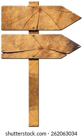 Wooden Directional Sign - Two Arrows. Wooden Directional Sign With Two Empty Arrows In The Same Direction Isolated On White Background. 