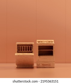 Wooden Dishwasher And Oven In Monochrome Kitchen, 3d Rendering, No People